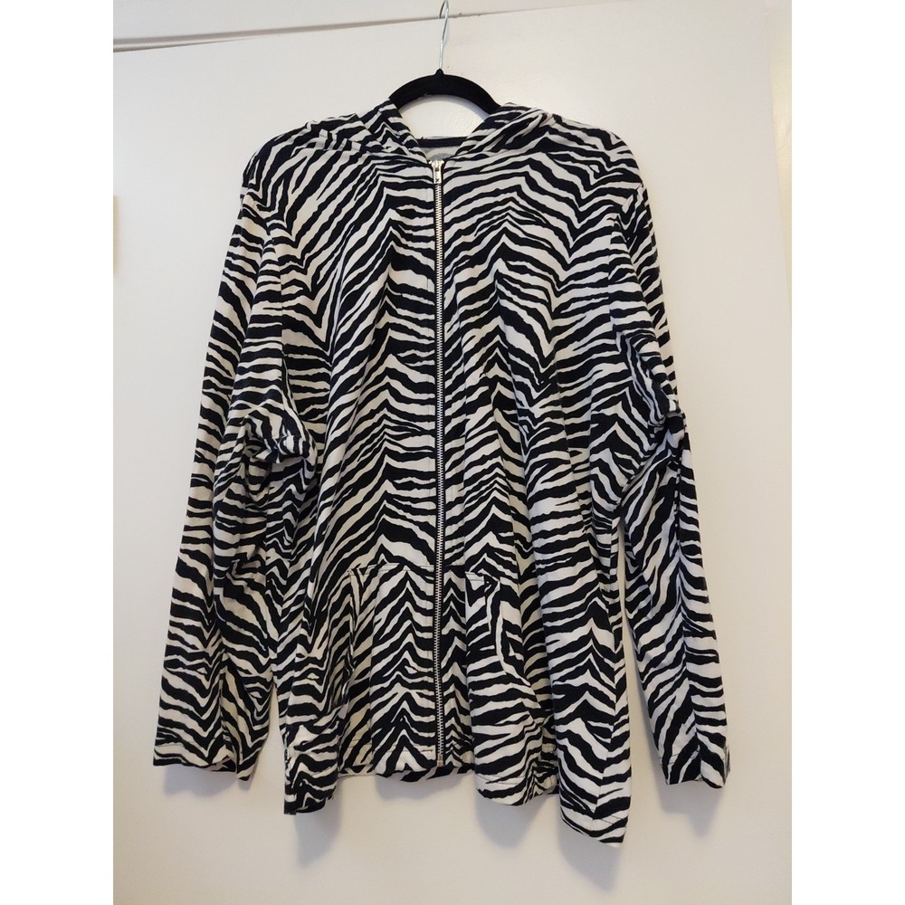 Tripp Nyc Womens Hoodie Zebra Print Kangaroo Pocket XL Black White